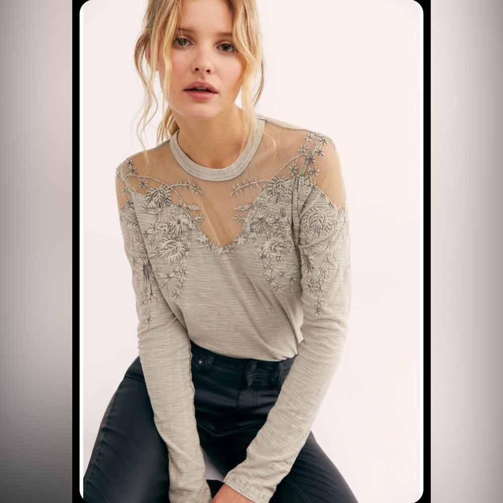 Free People Grey Micha Embroidered Beaded Top XS